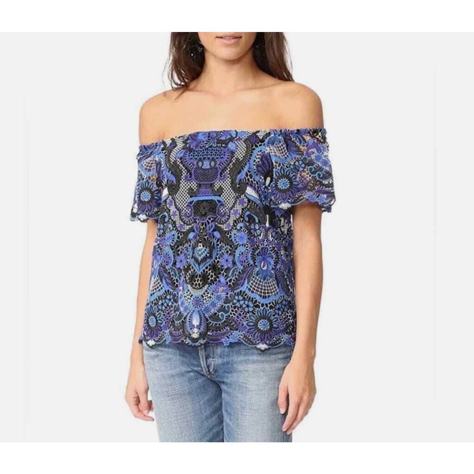 Alice + Olivia Maxie Blue Lace Off Shoulder Top Womens Small Crochet Feminine